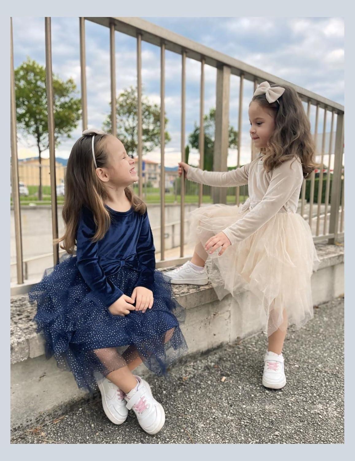 imageArshiner Toddler Girls Fall Winter Velvet Dress Irregular Hem Tulle Long Sleeve Dresses Cute Bowknot ClothesLight Apricot