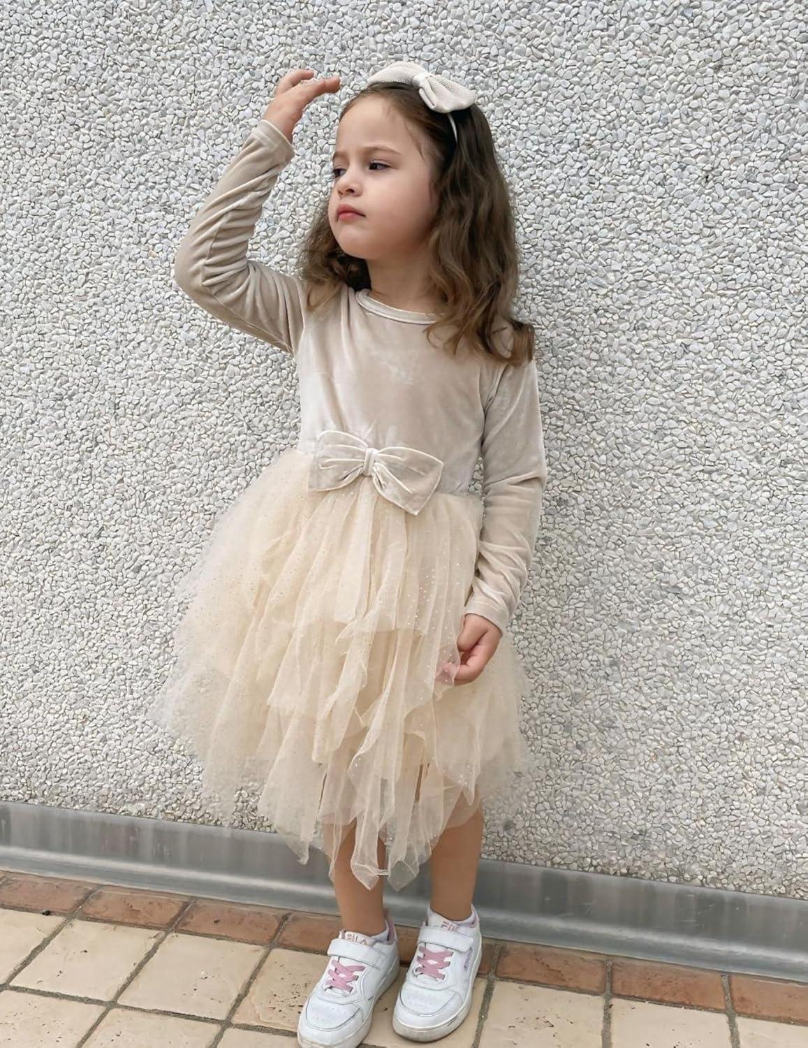 imageArshiner Toddler Girls Fall Winter Velvet Dress Irregular Hem Tulle Long Sleeve Dresses Cute Bowknot ClothesLight Apricot