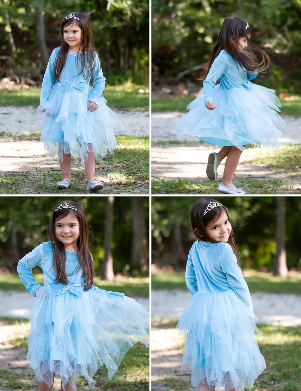 imageArshiner Toddler Girls Fall Winter Velvet Dress Irregular Hem Tulle Long Sleeve Dresses Cute Bowknot ClothesLight Blue