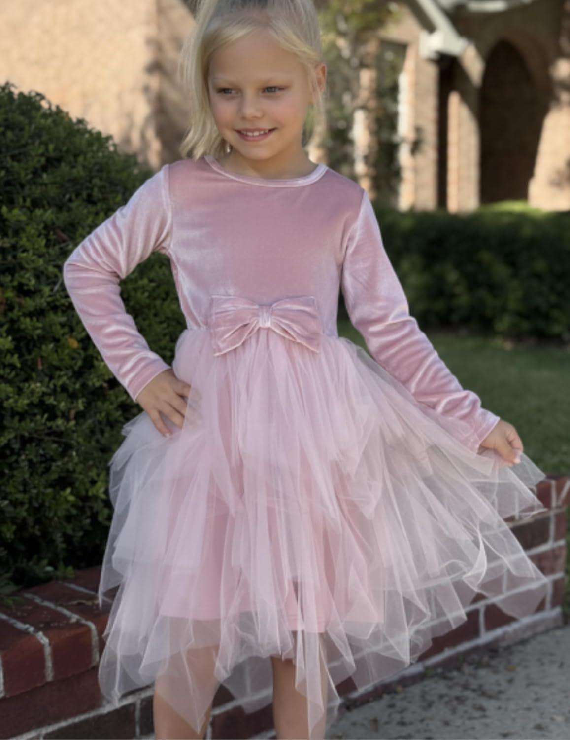 imageArshiner Toddler Girls Fall Winter Velvet Dress Irregular Hem Tulle Long Sleeve Dresses Cute Bowknot ClothesLight Rose