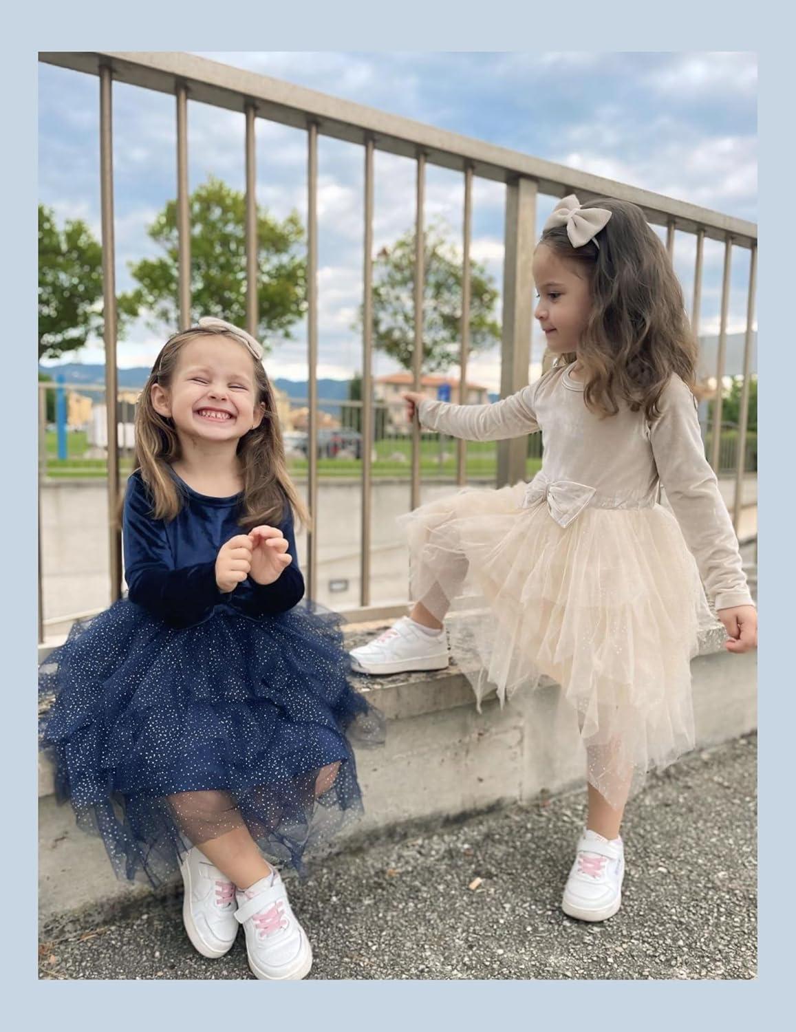 imageArshiner Toddler Girls Fall Winter Velvet Dress Irregular Hem Tulle Long Sleeve Dresses Cute Bowknot ClothesNavy Blue