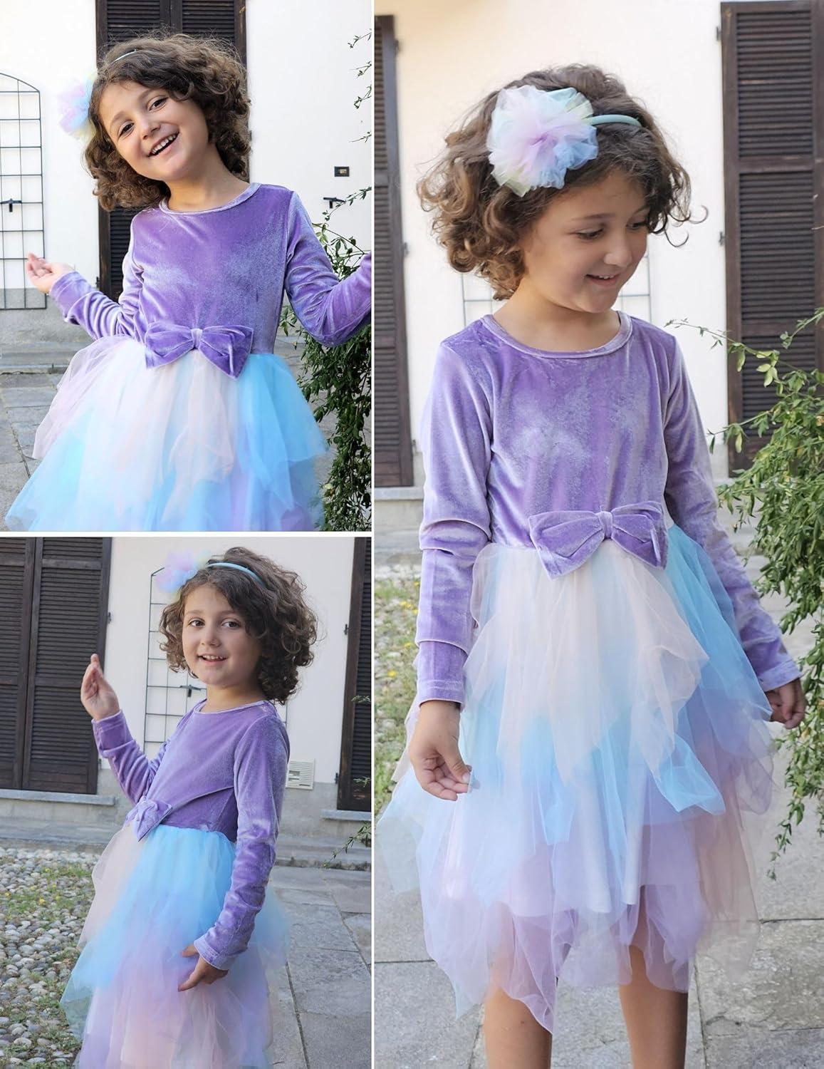 imageArshiner Toddler Girls Fall Winter Velvet Dress Irregular Hem Tulle Long Sleeve Dresses Cute Bowknot ClothesRainbow Blue