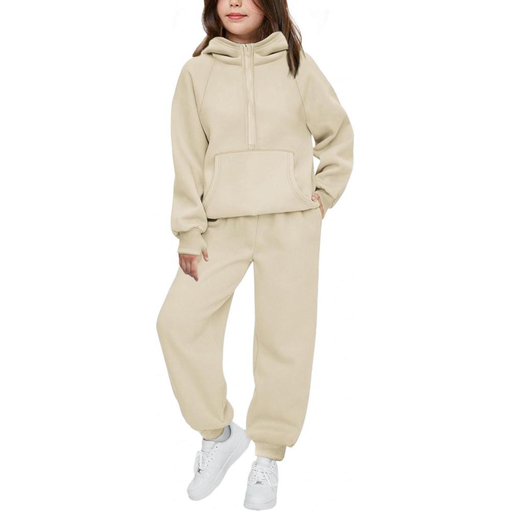 imageArshiner Girls 2 Piece Outfits Tracksuit Drop Shoulder Hoodie Half Zip Sweatshirt and Sweatpants Joggers Set with PocketsBeige1