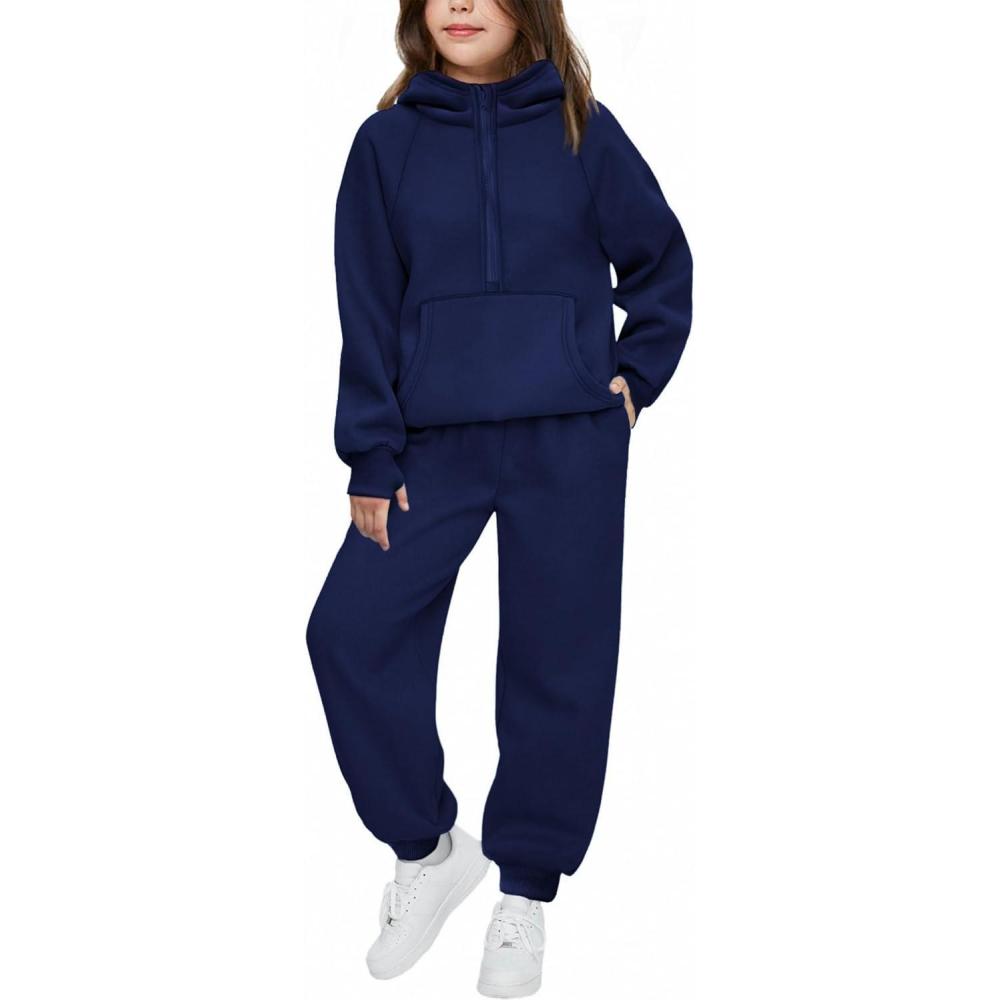 imageArshiner Girls 2 Piece Outfits Tracksuit Drop Shoulder Hoodie Half Zip Sweatshirt and Sweatpants Joggers Set with PocketsBlue Purple