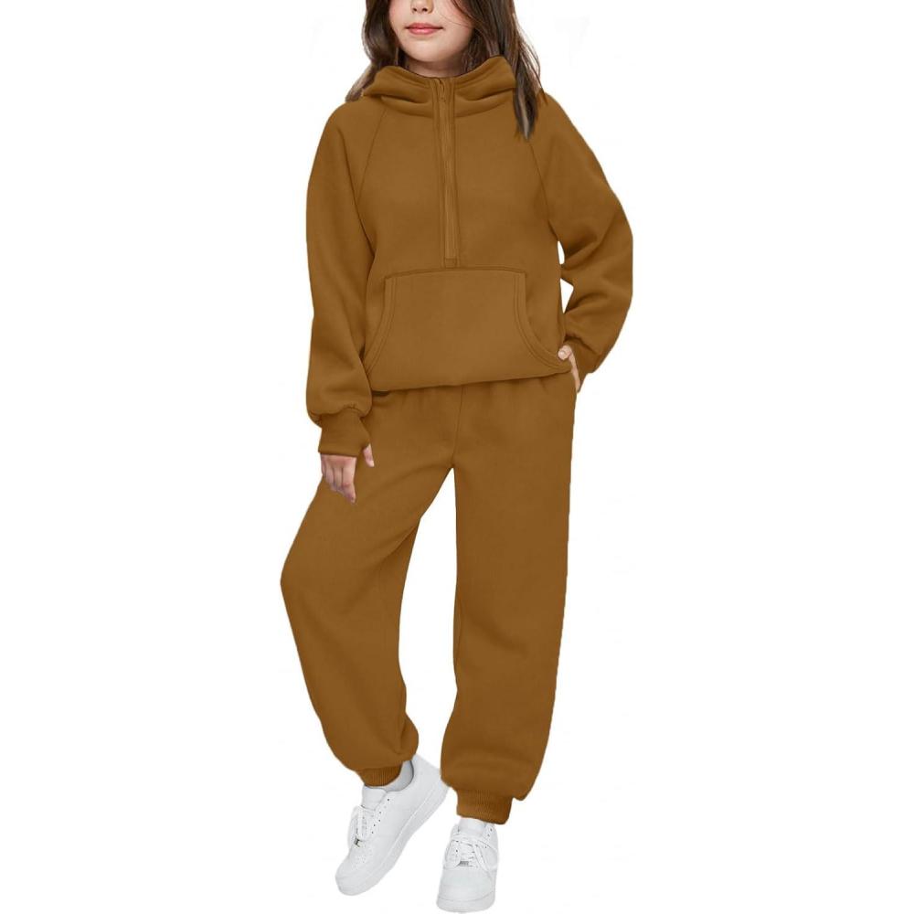 imageArshiner Girls 2 Piece Outfits Tracksuit Drop Shoulder Hoodie Half Zip Sweatshirt and Sweatpants Joggers Set with PocketsBrown