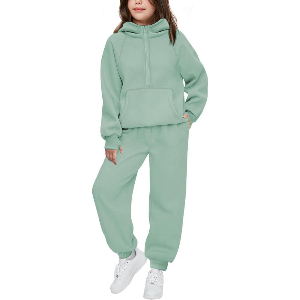 imageArshiner Girls 2 Piece Outfits Tracksuit Drop Shoulder Hoodie Half Zip Sweatshirt and Sweatpants Joggers Set with PocketsGreen