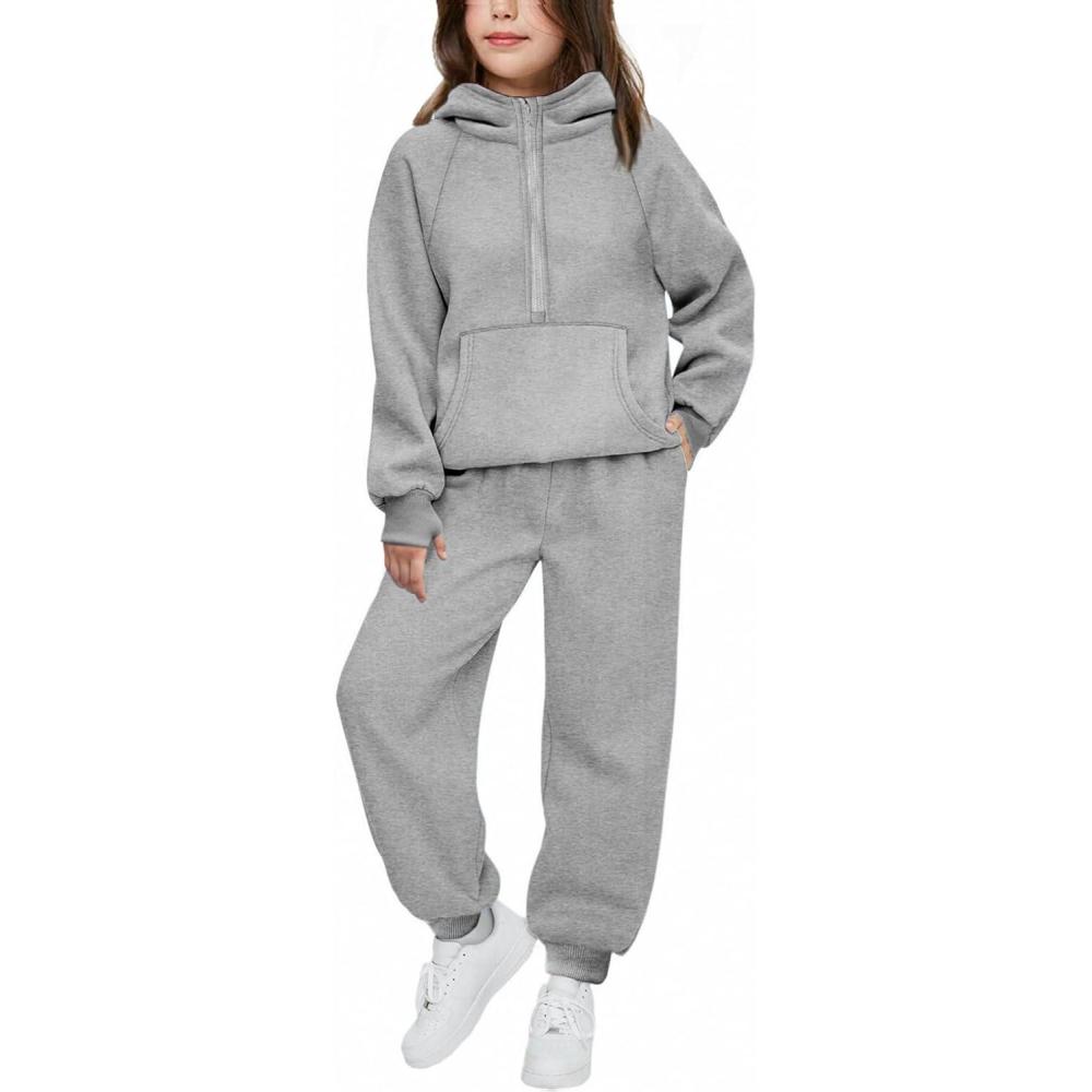 imageArshiner Girls 2 Piece Outfits Tracksuit Drop Shoulder Hoodie Half Zip Sweatshirt and Sweatpants Joggers Set with PocketsLight Gray