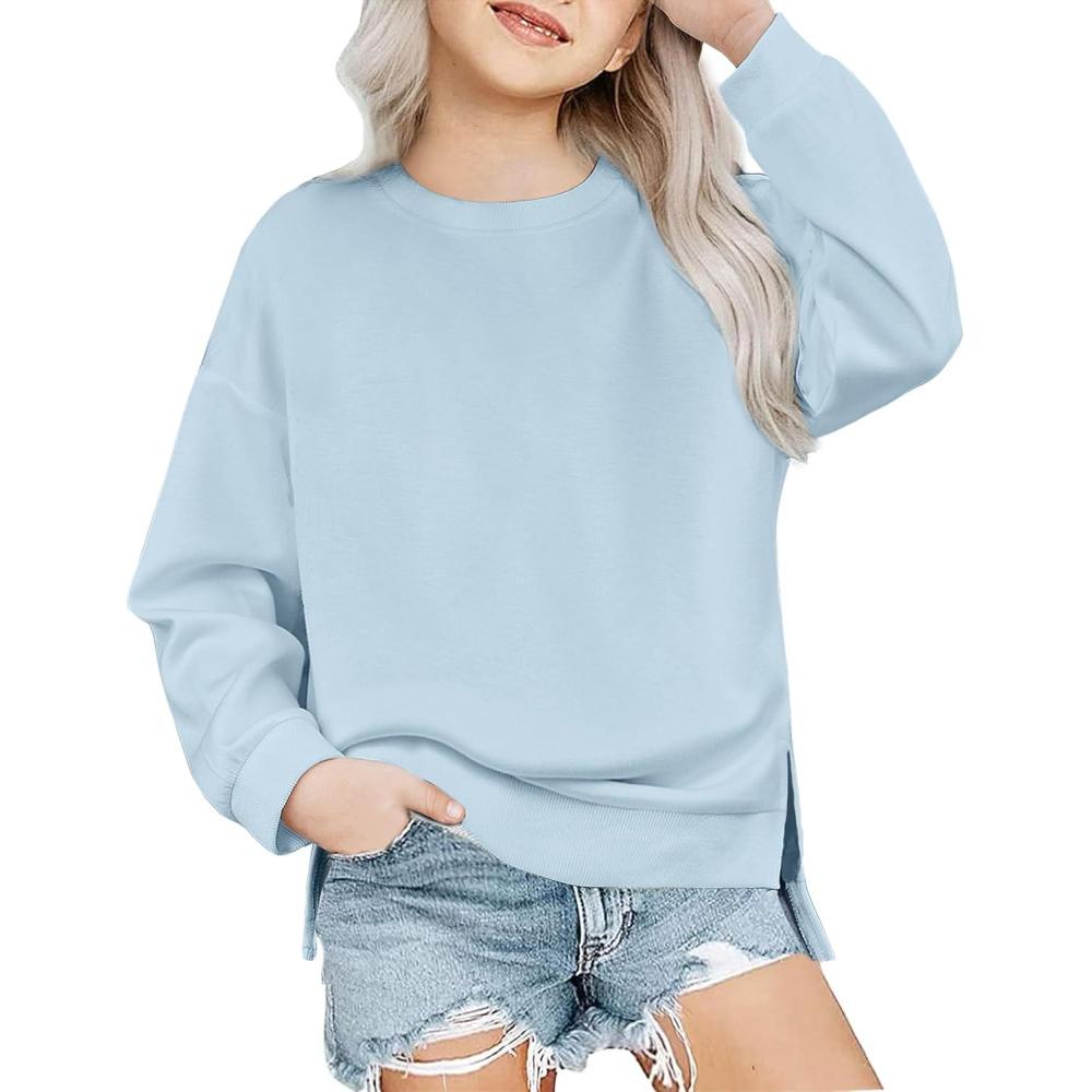 imageArshiner Girls Crewneck Sweatshirt Long Sleeve Pullover Tops Drop Shoulder Sweatshirts Side Split for 514 YearsBlue