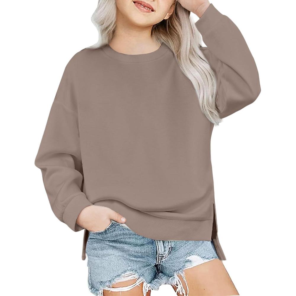 imageArshiner Girls Crewneck Sweatshirt Long Sleeve Pullover Tops Drop Shoulder Sweatshirts Side Split for 514 YearsBrown