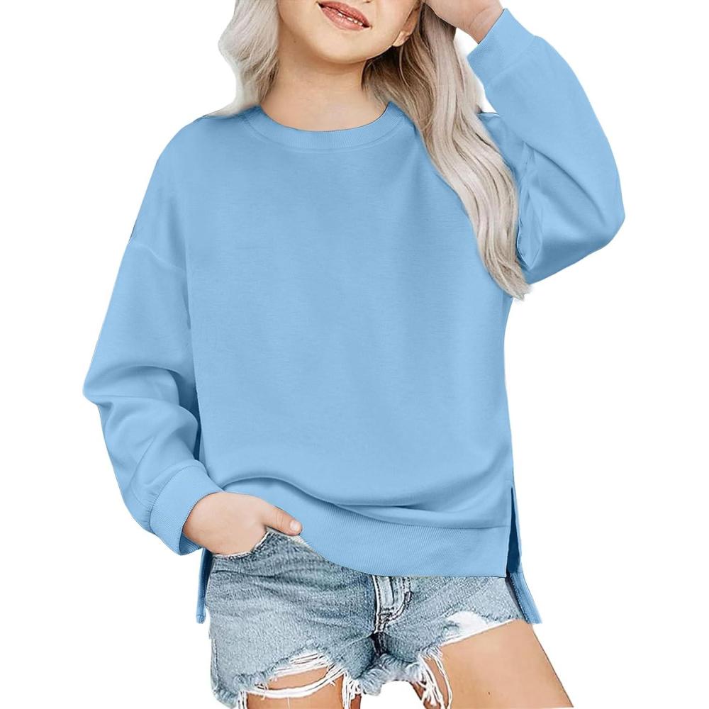 imageArshiner Girls Crewneck Sweatshirt Long Sleeve Pullover Tops Drop Shoulder Sweatshirts Side Split for 514 YearsDeep Blue