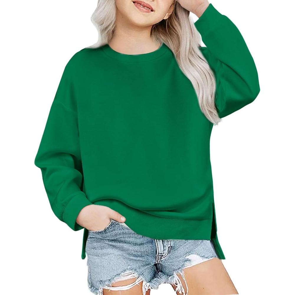 imageArshiner Girls Crewneck Sweatshirt Long Sleeve Pullover Tops Drop Shoulder Sweatshirts Side Split for 514 YearsGreen
