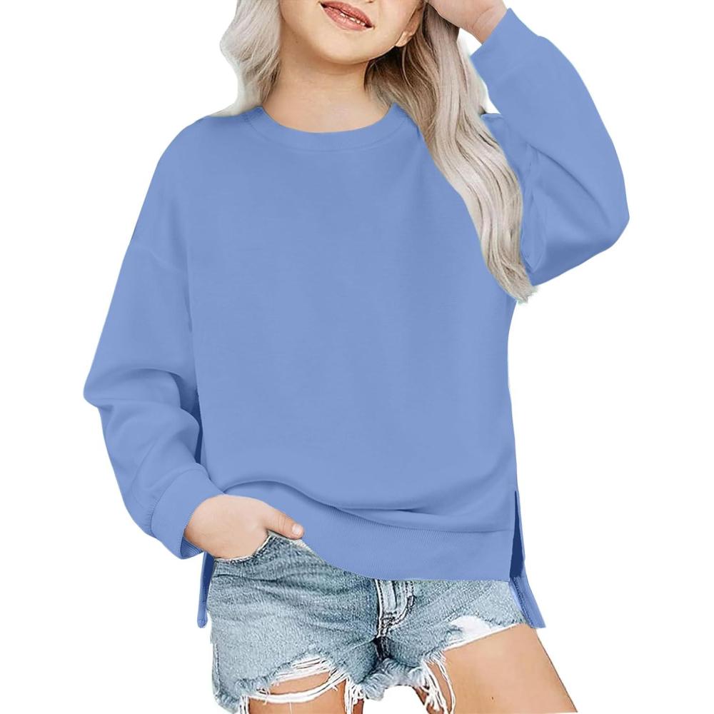 imageArshiner Girls Crewneck Sweatshirt Long Sleeve Pullover Tops Drop Shoulder Sweatshirts Side Split for 514 YearsGrey Blue