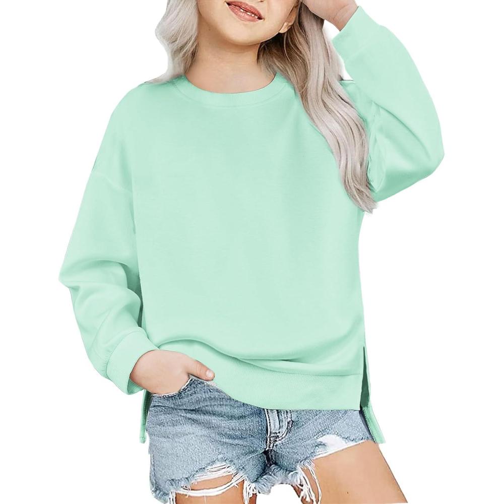 imageArshiner Girls Crewneck Sweatshirt Long Sleeve Pullover Tops Drop Shoulder Sweatshirts Side Split for 514 YearsIce Green