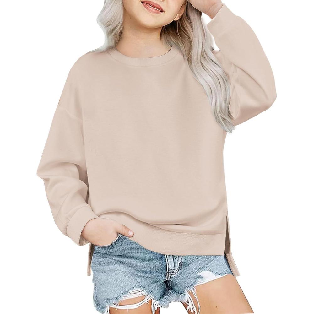 imageArshiner Girls Crewneck Sweatshirt Long Sleeve Pullover Tops Drop Shoulder Sweatshirts Side Split for 514 YearsKhaki