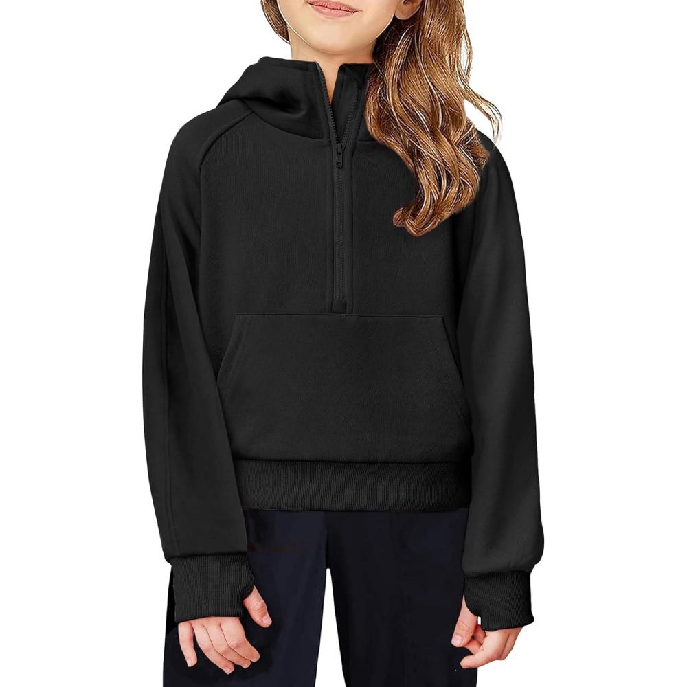 imageArshiner Girls Half Zip Sweatshirt Fleece Hooded Pullover for Teen Long Sleeve Tops Fall Winter Clothes Thumb HoleBlack