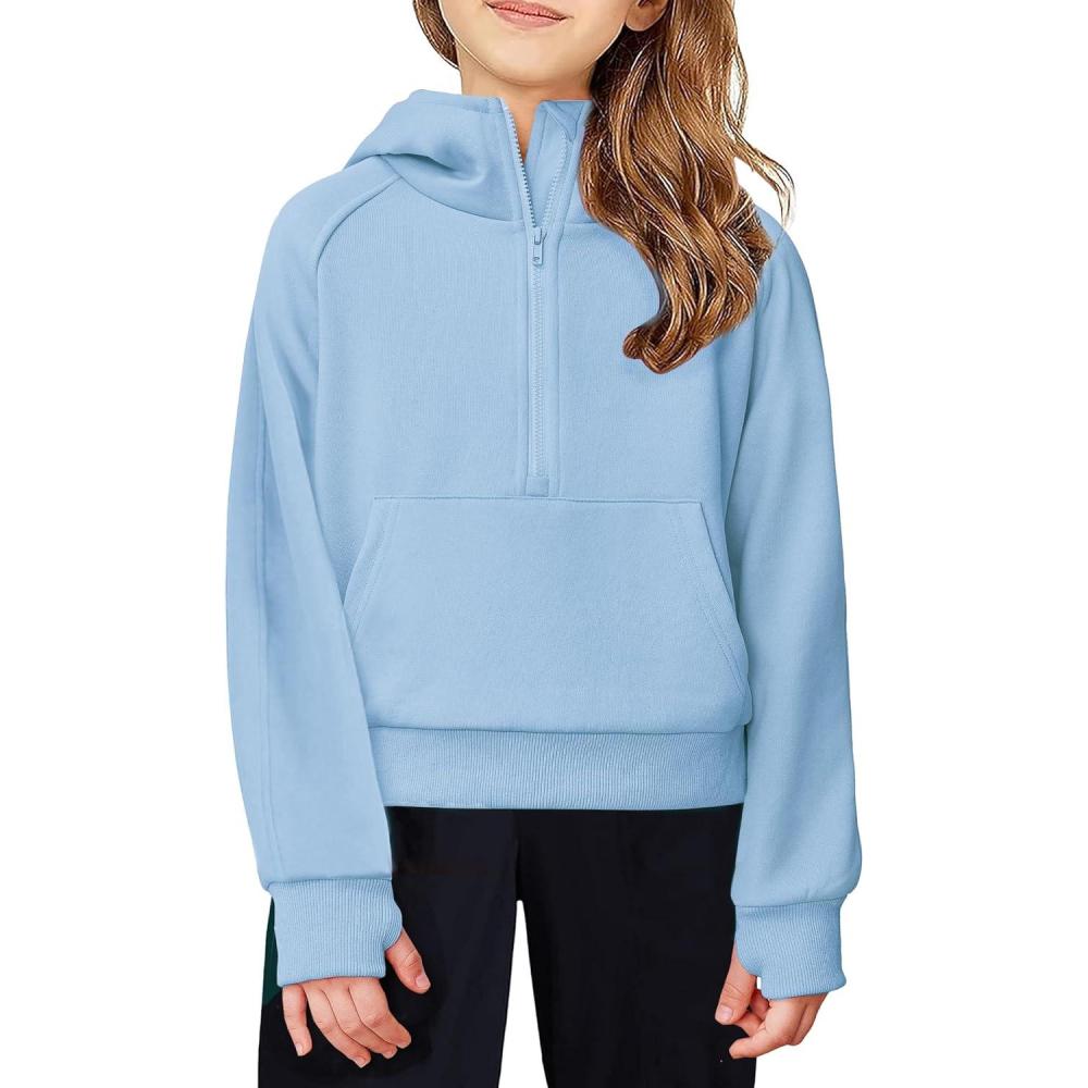 imageArshiner Girls Half Zip Sweatshirt Fleece Hooded Pullover for Teen Long Sleeve Tops Fall Winter Clothes Thumb HoleBlue