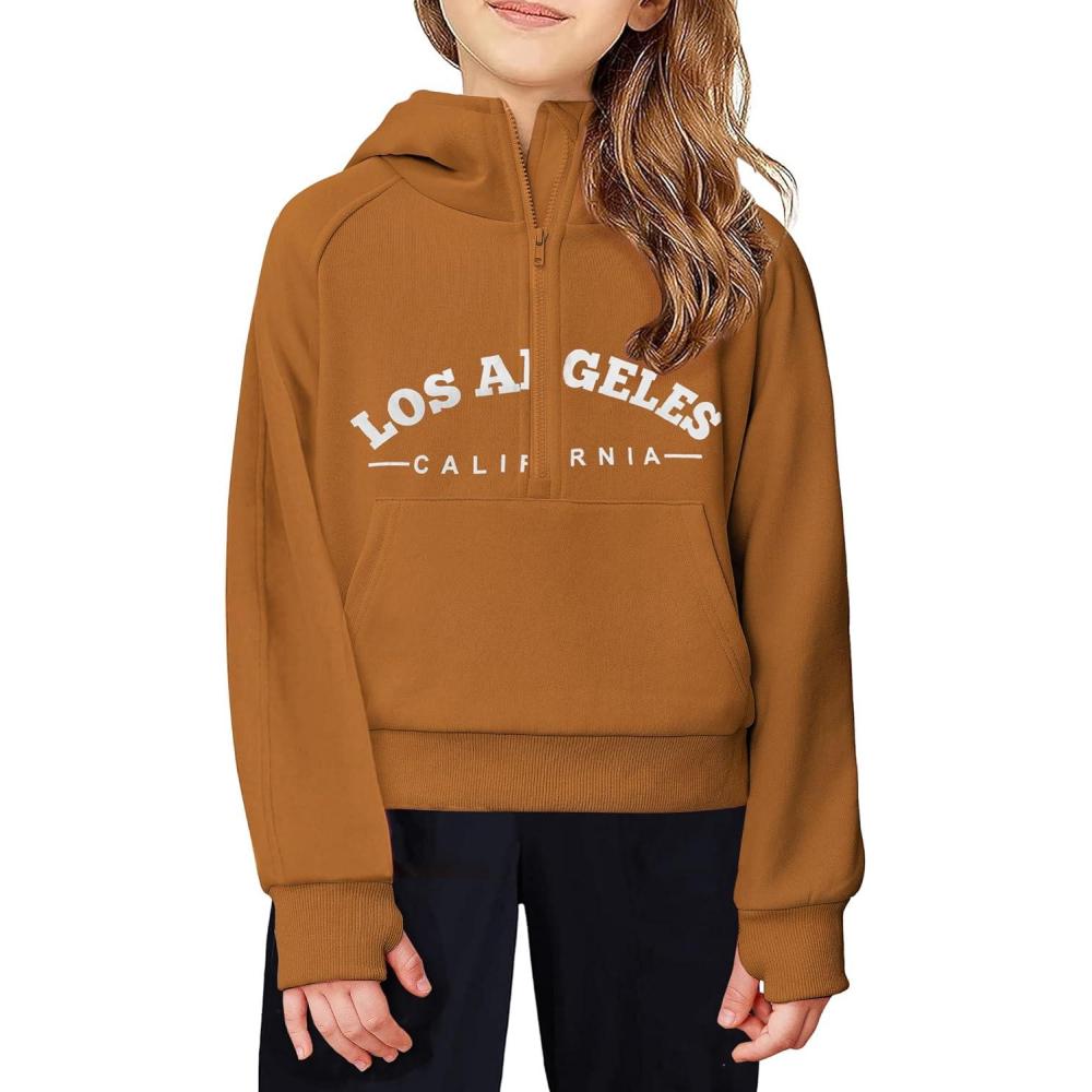 imageArshiner Girls Half Zip Sweatshirt Fleece Hooded Pullover for Teen Long Sleeve Tops Fall Winter Clothes Thumb HoleBrownwhite Letter
