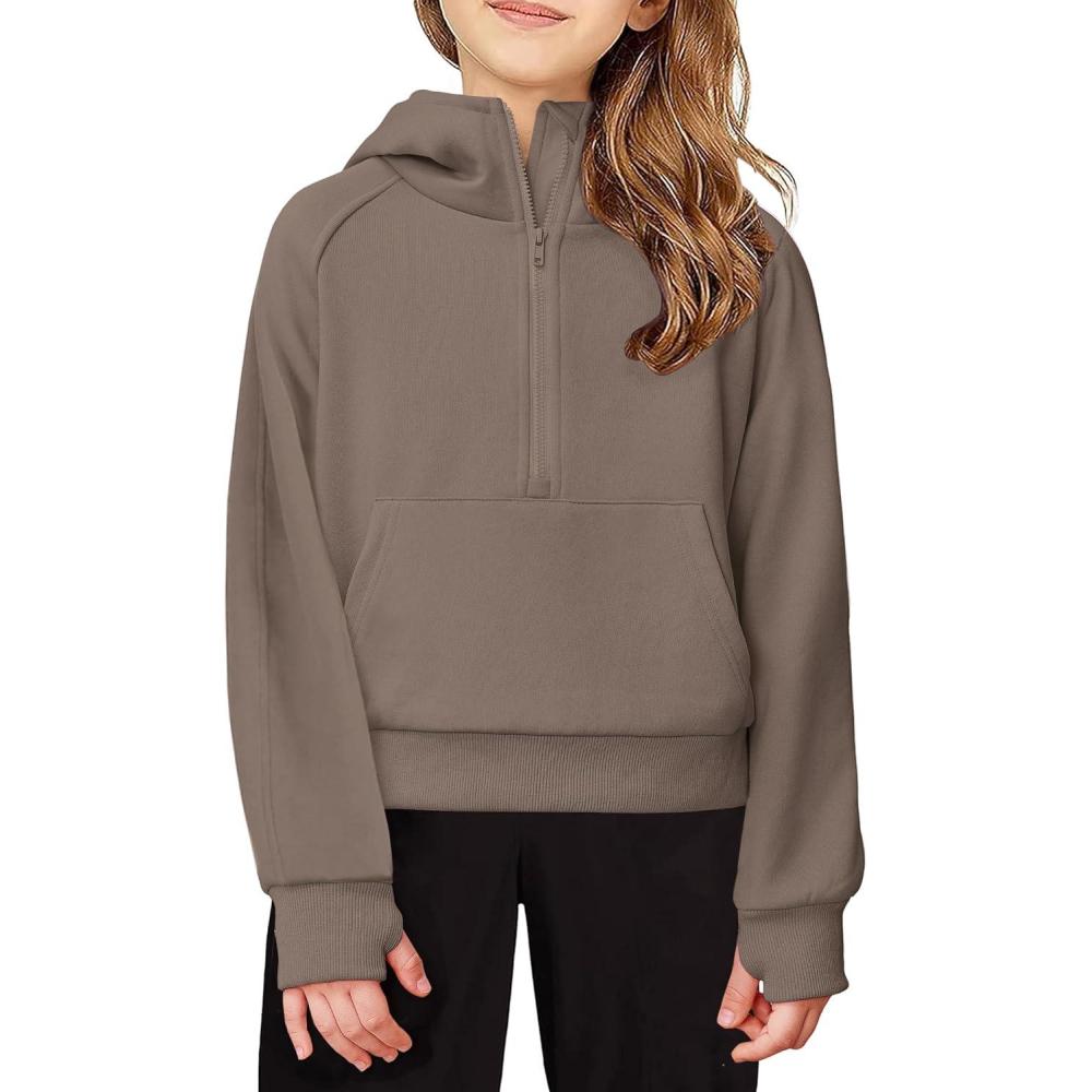 imageArshiner Girls Half Zip Sweatshirt Fleece Hooded Pullover for Teen Long Sleeve Tops Fall Winter Clothes Thumb HoleCoffee Grey