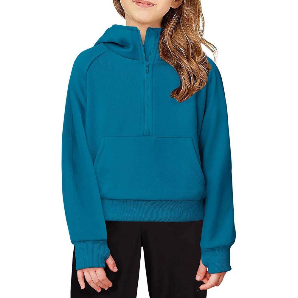 imageArshiner Girls Half Zip Sweatshirt Fleece Hooded Pullover for Teen Long Sleeve Tops Fall Winter Clothes Thumb HoleDark Teal