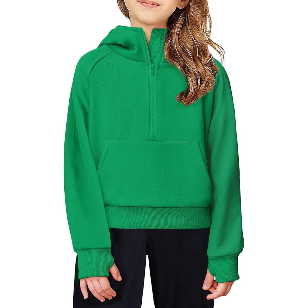 imageArshiner Girls Half Zip Sweatshirt Fleece Hooded Pullover for Teen Long Sleeve Tops Fall Winter Clothes Thumb HoleGreen