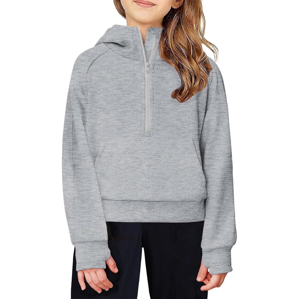 imageArshiner Girls Half Zip Sweatshirt Fleece Hooded Pullover for Teen Long Sleeve Tops Fall Winter Clothes Thumb HoleGrey