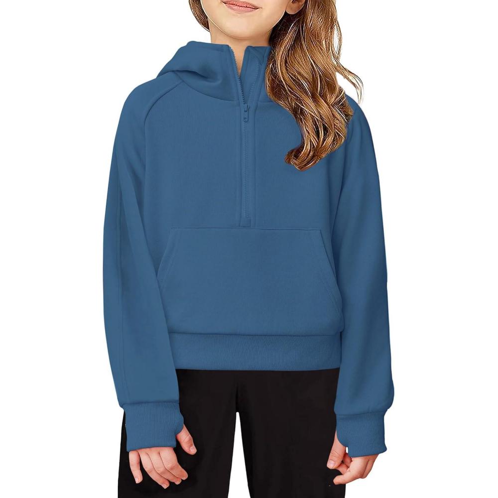 imageArshiner Girls Half Zip Sweatshirt Fleece Hooded Pullover for Teen Long Sleeve Tops Fall Winter Clothes Thumb HoleGrey Blue