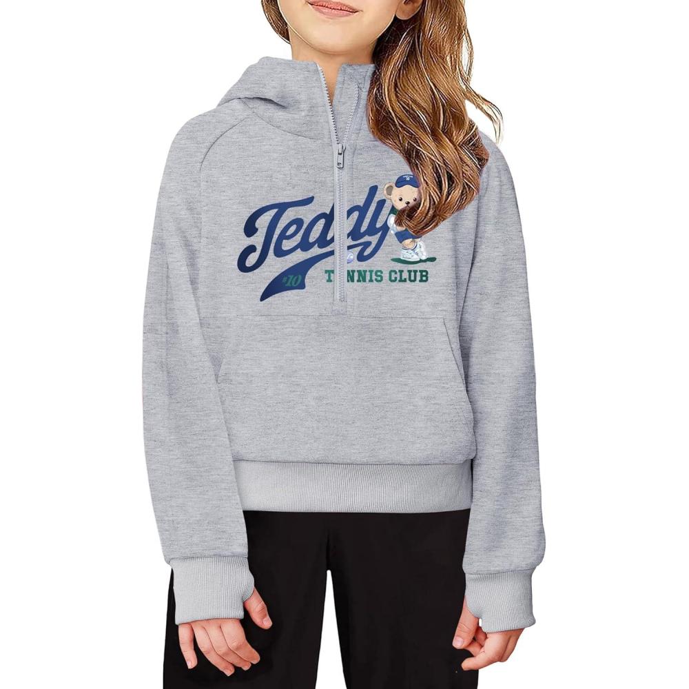 imageArshiner Girls Half Zip Sweatshirt Fleece Hooded Pullover for Teen Long Sleeve Tops Fall Winter Clothes Thumb HoleGrey Teddy Letter