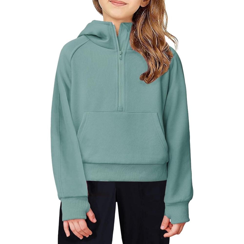 imageArshiner Girls Half Zip Sweatshirt Fleece Hooded Pullover for Teen Long Sleeve Tops Fall Winter Clothes Thumb HoleLight Green