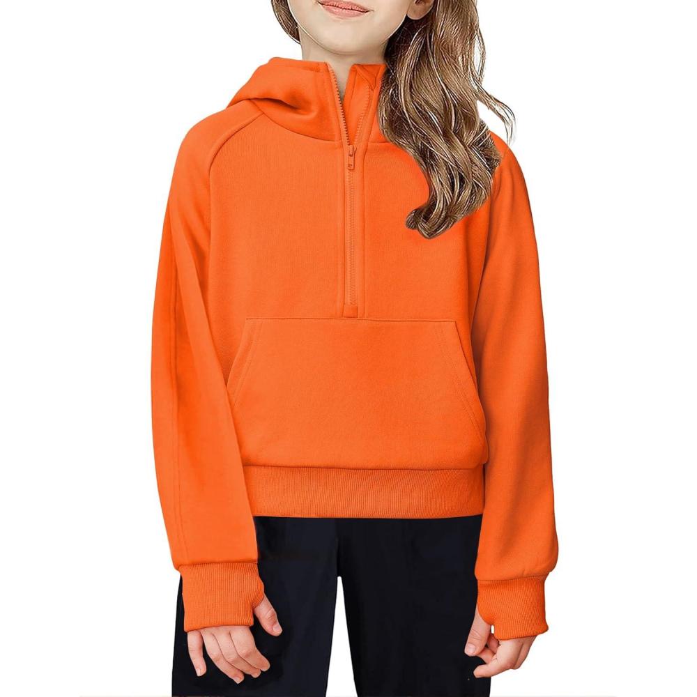 imageArshiner Girls Half Zip Sweatshirt Fleece Hooded Pullover for Teen Long Sleeve Tops Fall Winter Clothes Thumb HoleOrange