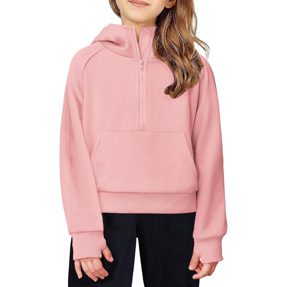 imageArshiner Girls Half Zip Sweatshirt Fleece Hooded Pullover for Teen Long Sleeve Tops Fall Winter Clothes Thumb HoleOrange Pink