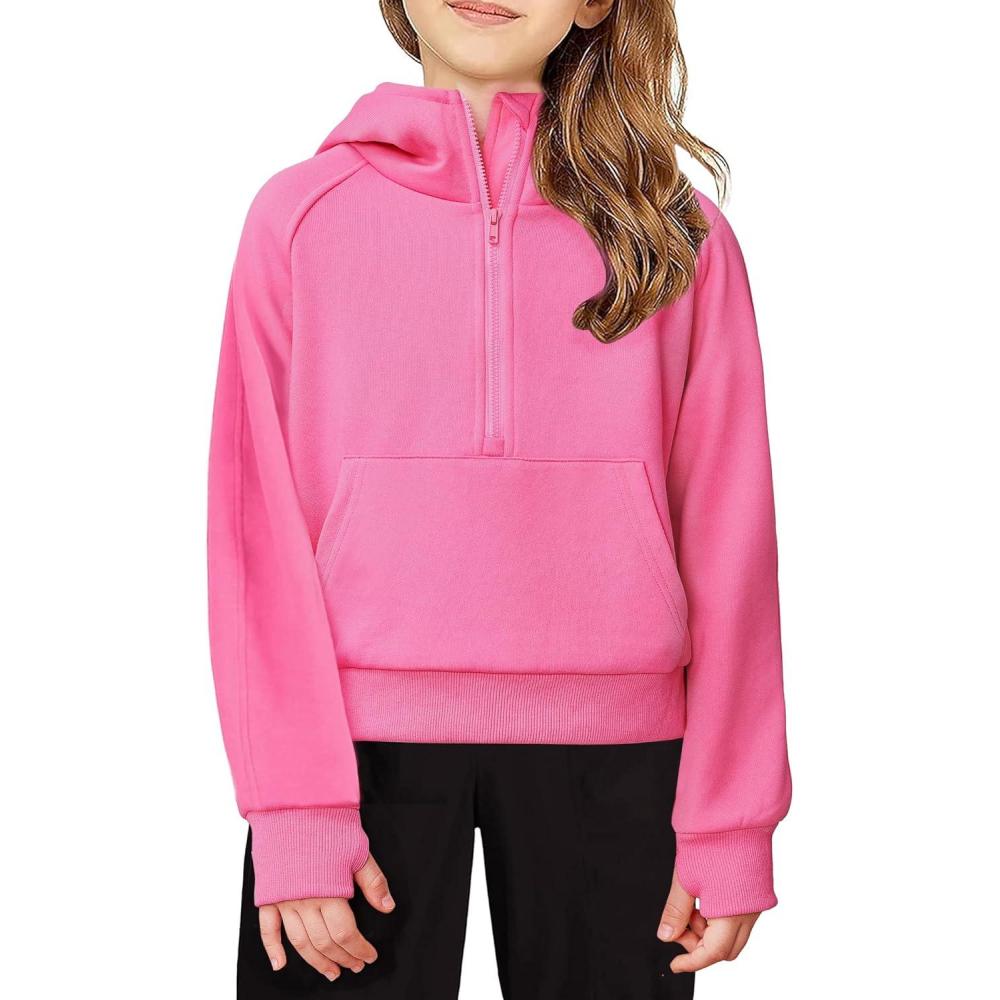 imageArshiner Girls Half Zip Sweatshirt Fleece Hooded Pullover for Teen Long Sleeve Tops Fall Winter Clothes Thumb HolePink