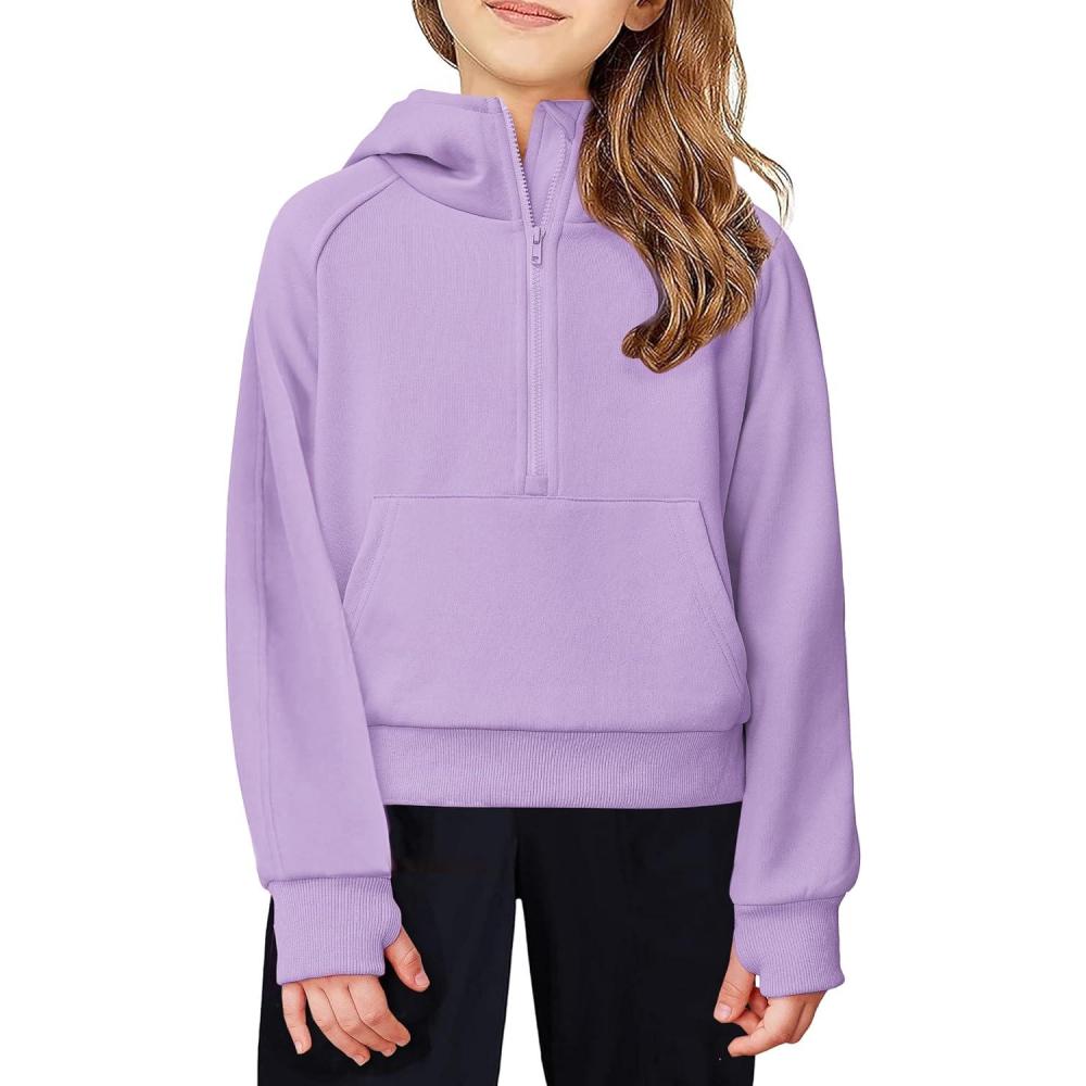 imageArshiner Girls Half Zip Sweatshirt Fleece Hooded Pullover for Teen Long Sleeve Tops Fall Winter Clothes Thumb HolePurple