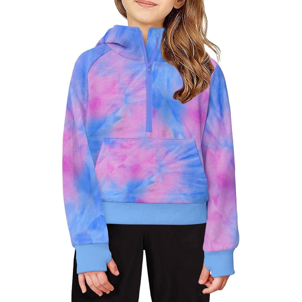 imageArshiner Girls Half Zip Sweatshirt Fleece Hooded Pullover for Teen Long Sleeve Tops Fall Winter Clothes Thumb HolePurple Blue Tie Dye