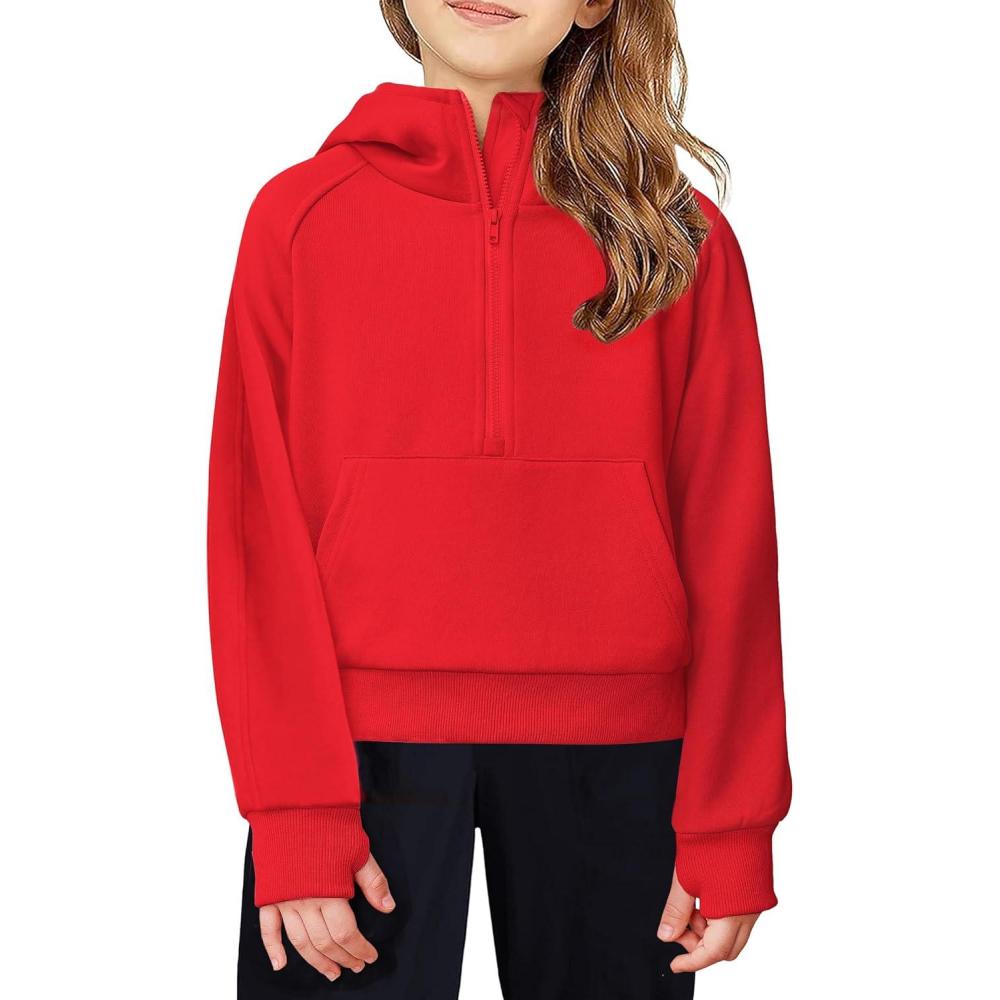 imageArshiner Girls Half Zip Sweatshirt Fleece Hooded Pullover for Teen Long Sleeve Tops Fall Winter Clothes Thumb HoleRed