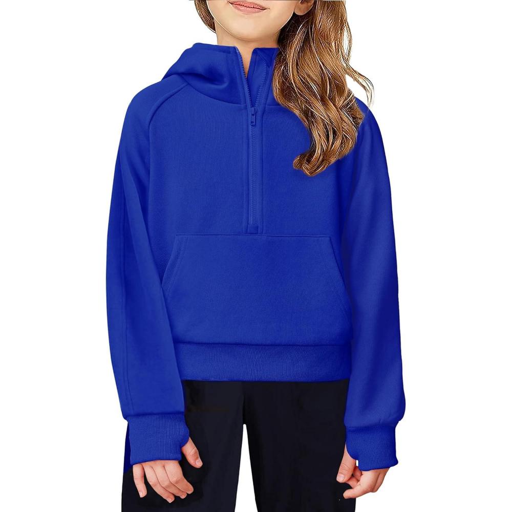 imageArshiner Girls Half Zip Sweatshirt Fleece Hooded Pullover for Teen Long Sleeve Tops Fall Winter Clothes Thumb HoleRoyal Blue