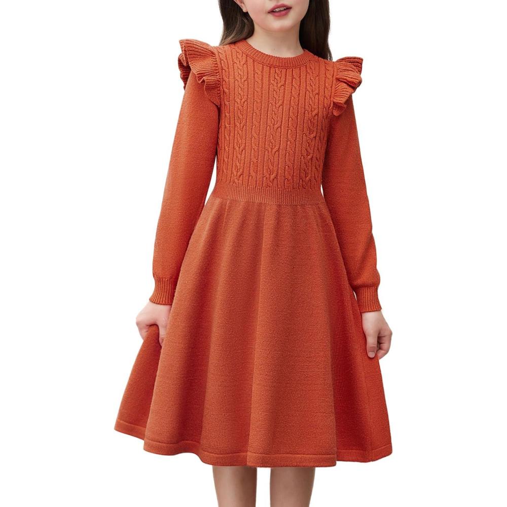imageArshiner Girls Sweater Dress Fall Winter Lantern Long Sleeve Cable Knit Pullover Midi DressesBrown