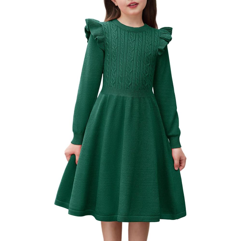 imageArshiner Girls Sweater Dress Fall Winter Lantern Long Sleeve Cable Knit Pullover Midi DressesGreen