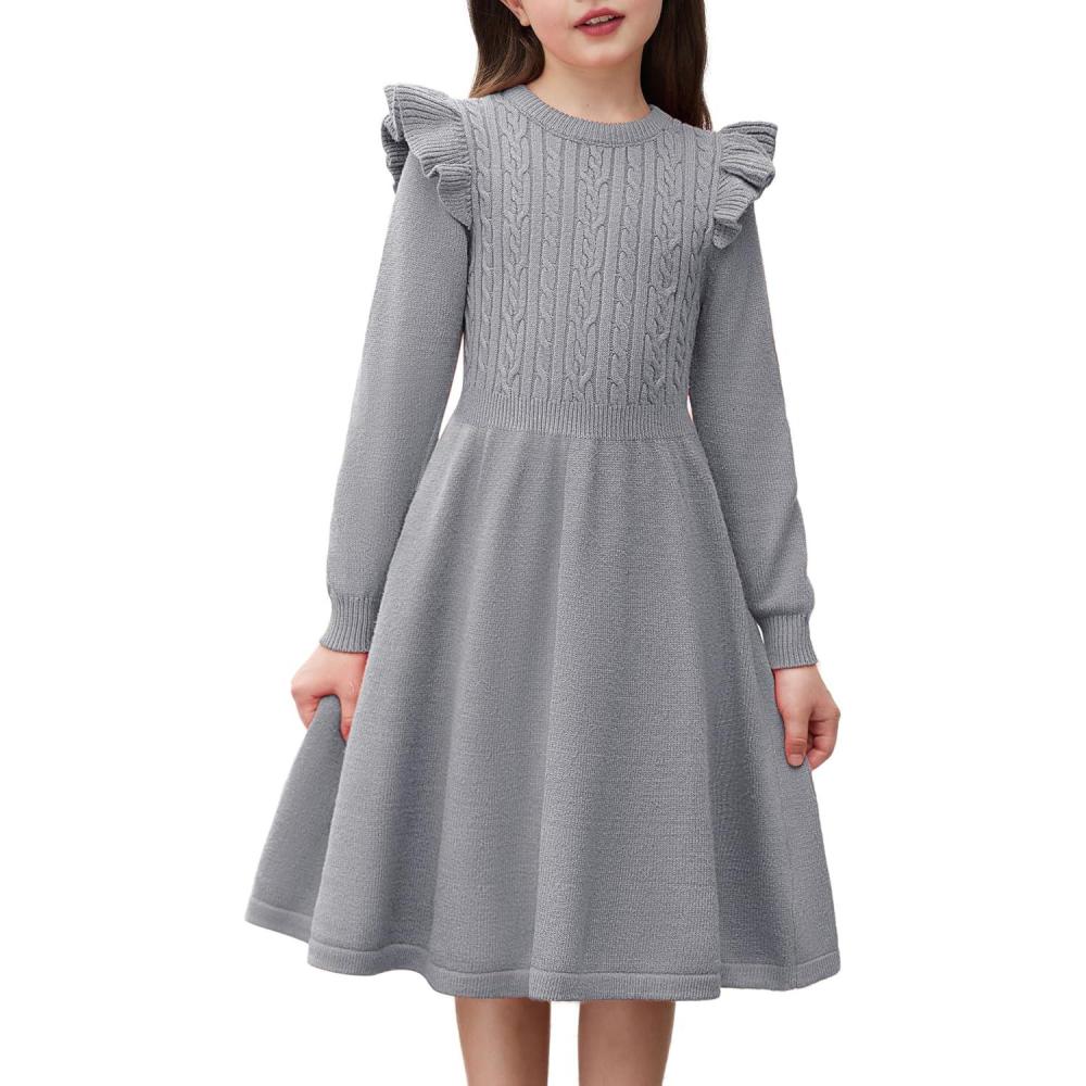 imageArshiner Girls Sweater Dress Fall Winter Lantern Long Sleeve Cable Knit Pullover Midi DressesGrey