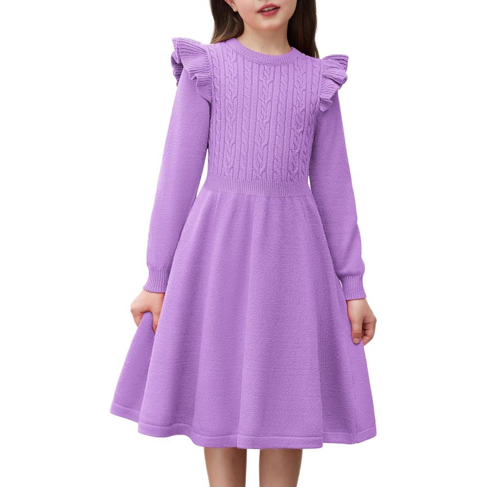 imageArshiner Girls Sweater Dress Fall Winter Lantern Long Sleeve Cable Knit Pullover Midi DressesLavender