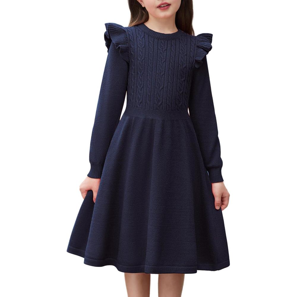 imageArshiner Girls Sweater Dress Fall Winter Lantern Long Sleeve Cable Knit Pullover Midi DressesNavy