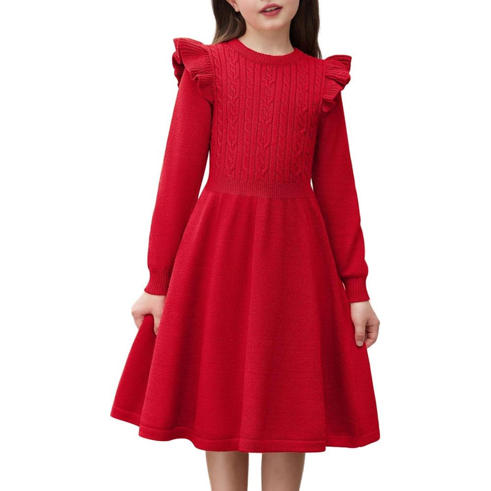 imageArshiner Girls Sweater Dress Fall Winter Lantern Long Sleeve Cable Knit Pullover Midi DressesRed