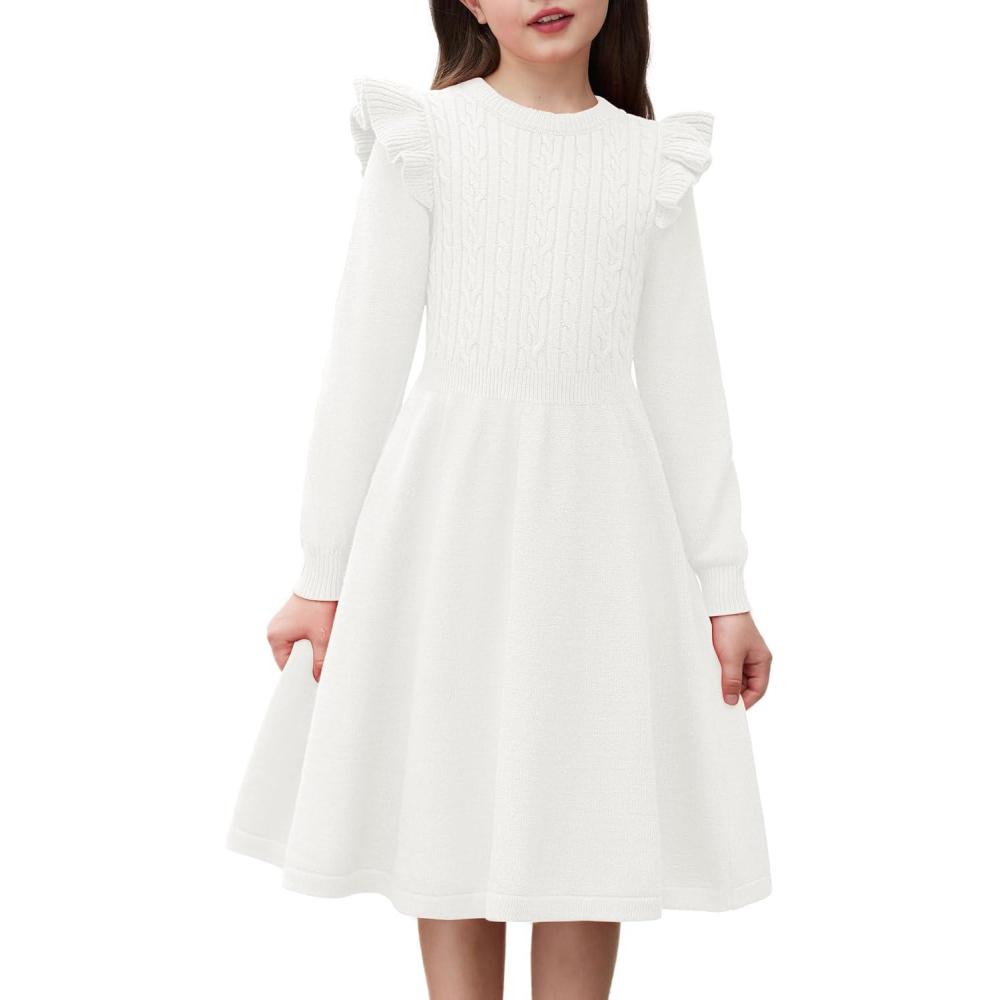 imageArshiner Girls Sweater Dress Fall Winter Lantern Long Sleeve Cable Knit Pullover Midi DressesWhite