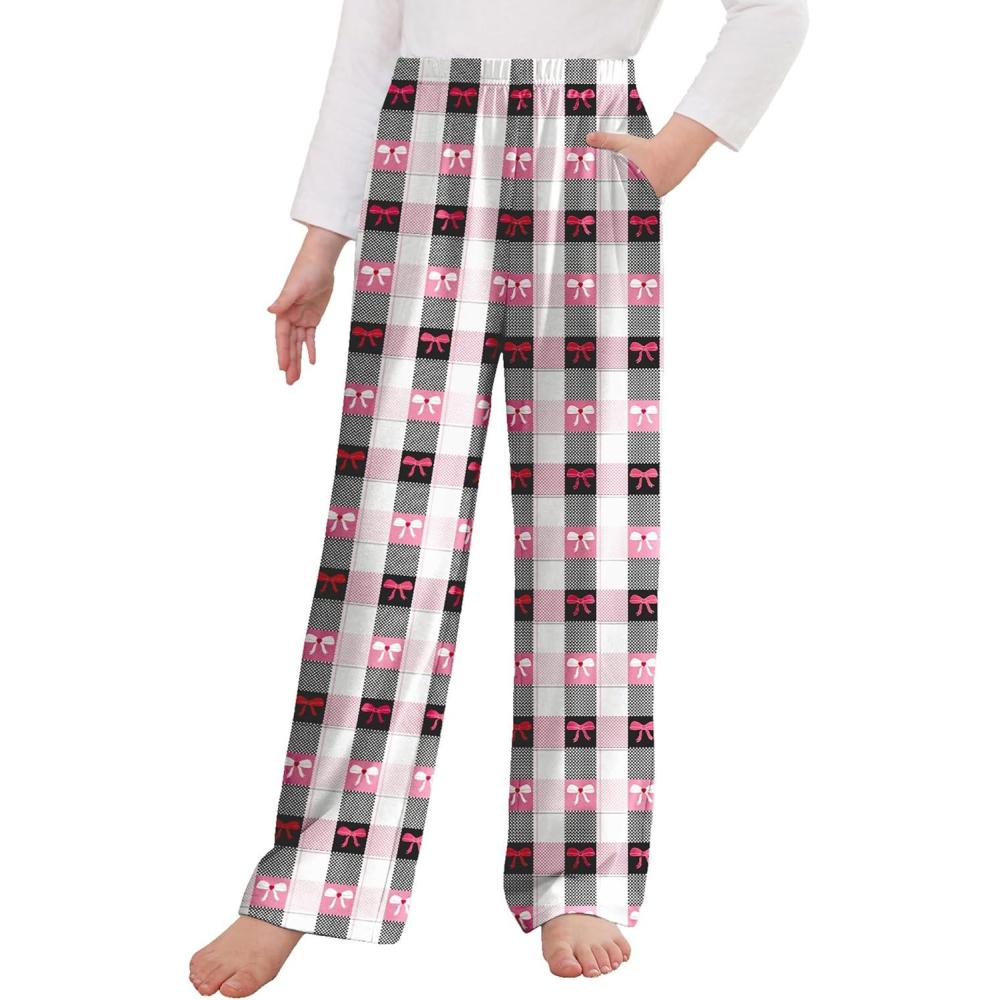 imageArshiner Pajama Pants for Girls Long Sleep Plaid Pants Soft Lounge Pj Bottoms with PocketsBow Plaid