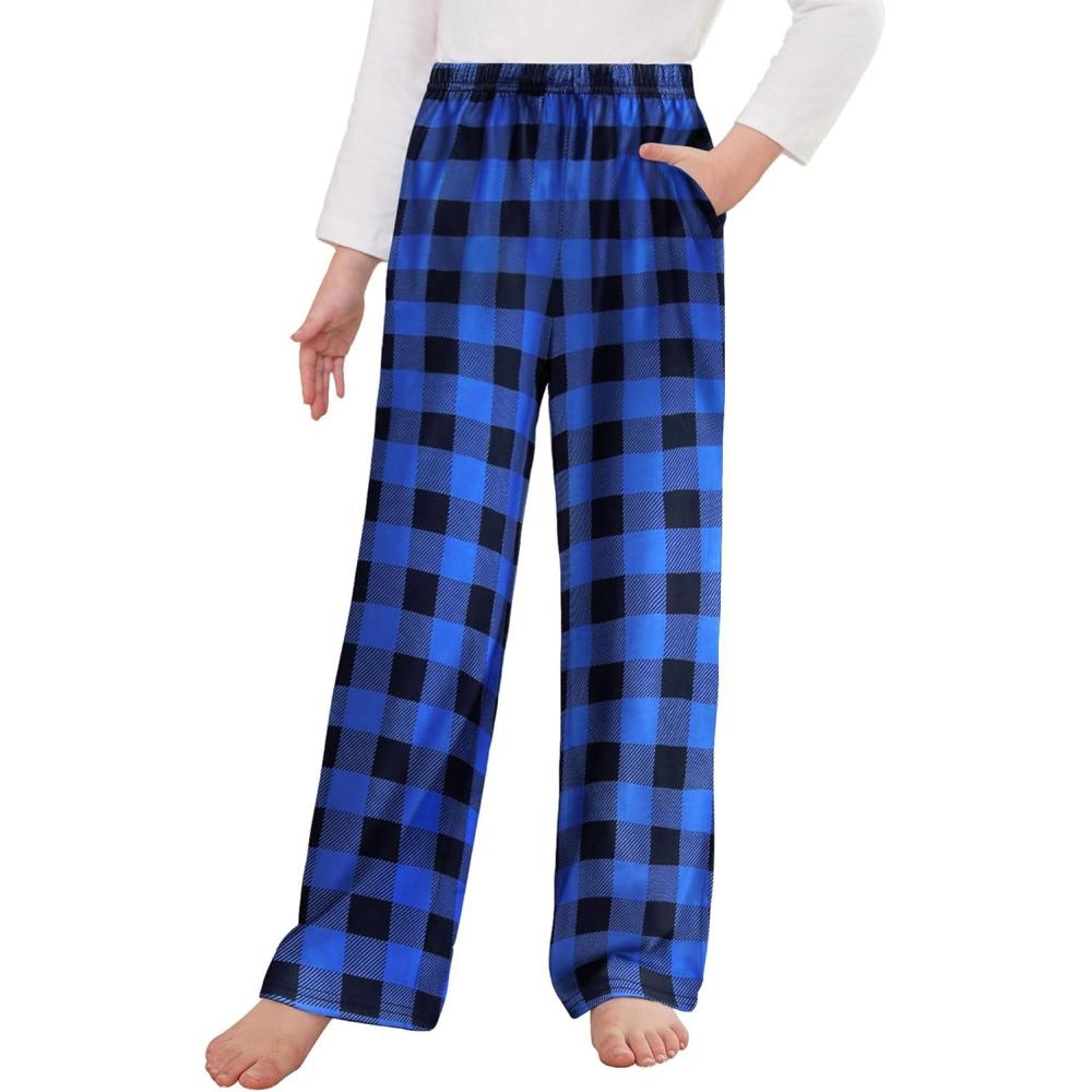 imageArshiner Pajama Pants for Girls Long Sleep Plaid Pants Soft Lounge Pj Bottoms with PocketsPlaidblack Blue