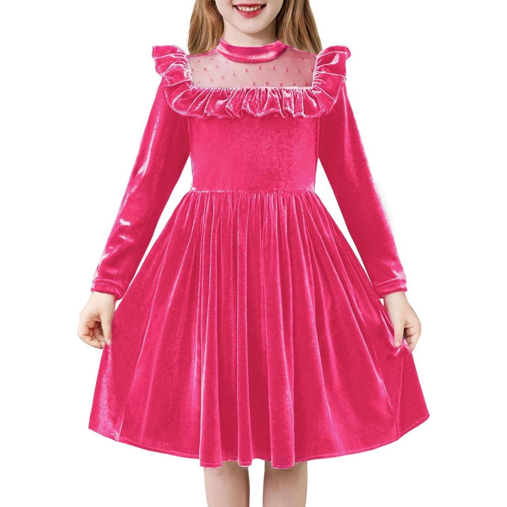 imageArshiner Toddler Girls Christmas Dress Long Sleeve Velvet Dresses Princess Birthday Party Gown with Pockets 26 YearsDeep Pink