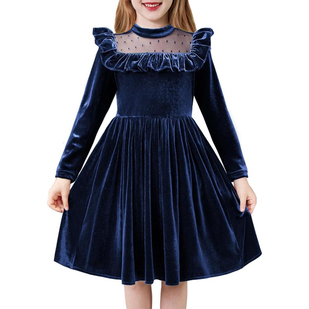 imageArshiner Toddler Girls Christmas Dress Long Sleeve Velvet Dresses Princess Birthday Party Gown with Pockets 26 YearsNavy Blue