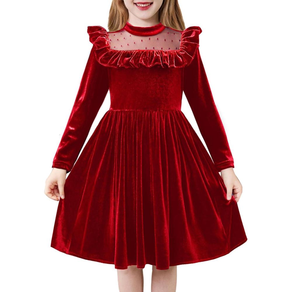 imageArshiner Toddler Girls Christmas Dress Long Sleeve Velvet Dresses Princess Birthday Party Gown with Pockets 26 YearsRed