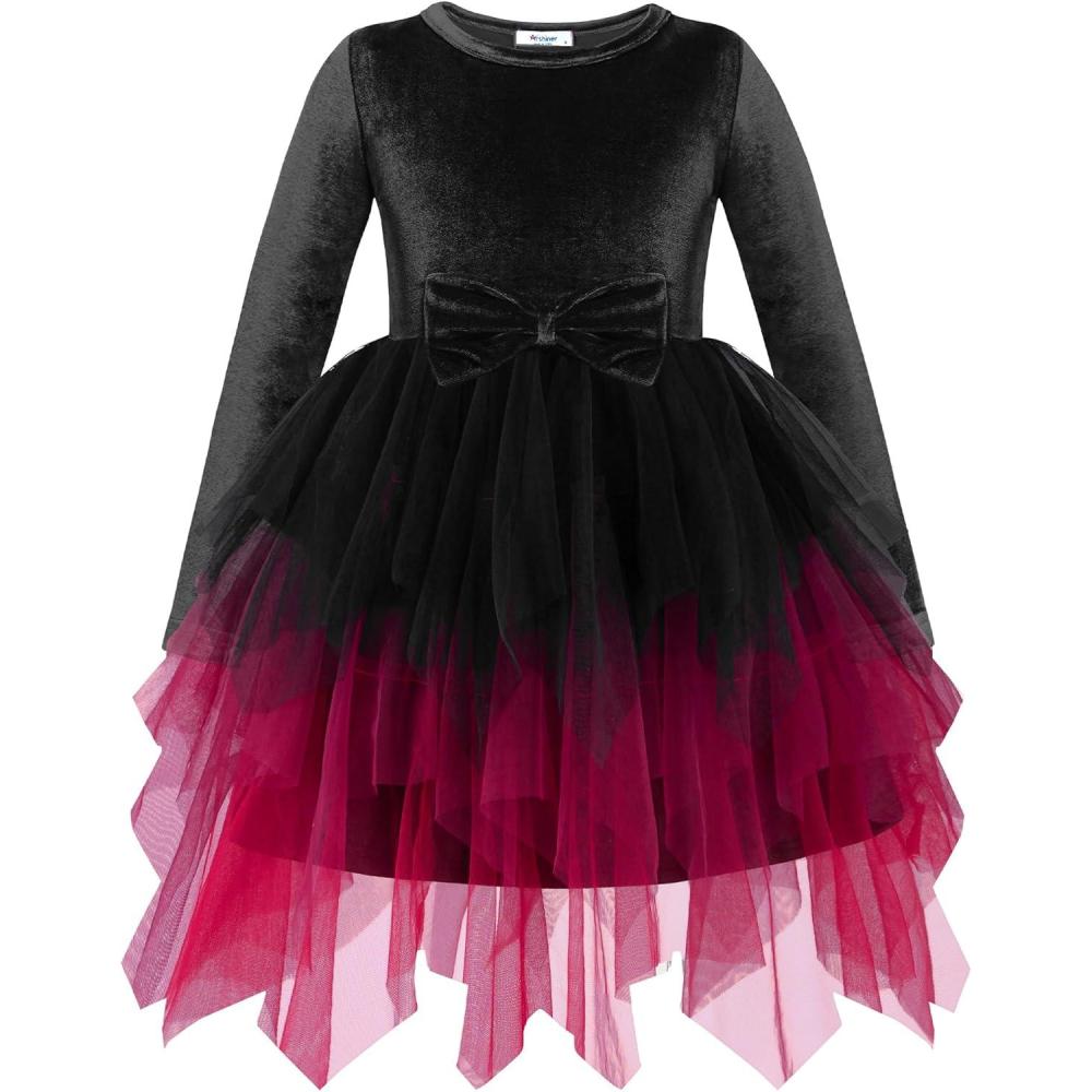imageArshiner Toddler Girls Fall Winter Velvet Dress Irregular Hem Tulle Long Sleeve Dresses Cute Bowknot ClothesBlack Red Gradient