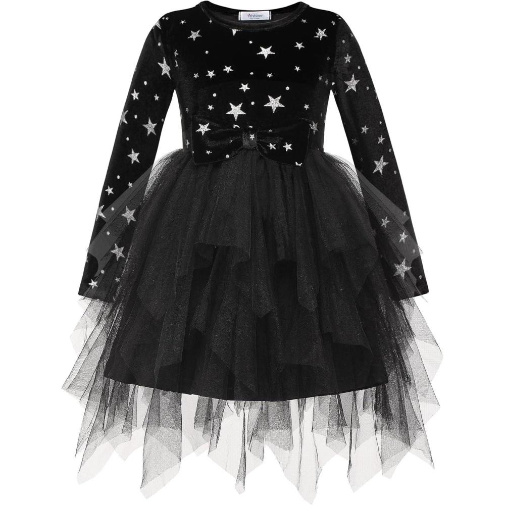 imageArshiner Toddler Girls Fall Winter Velvet Dress Irregular Hem Tulle Long Sleeve Dresses Cute Bowknot ClothesBlack Star