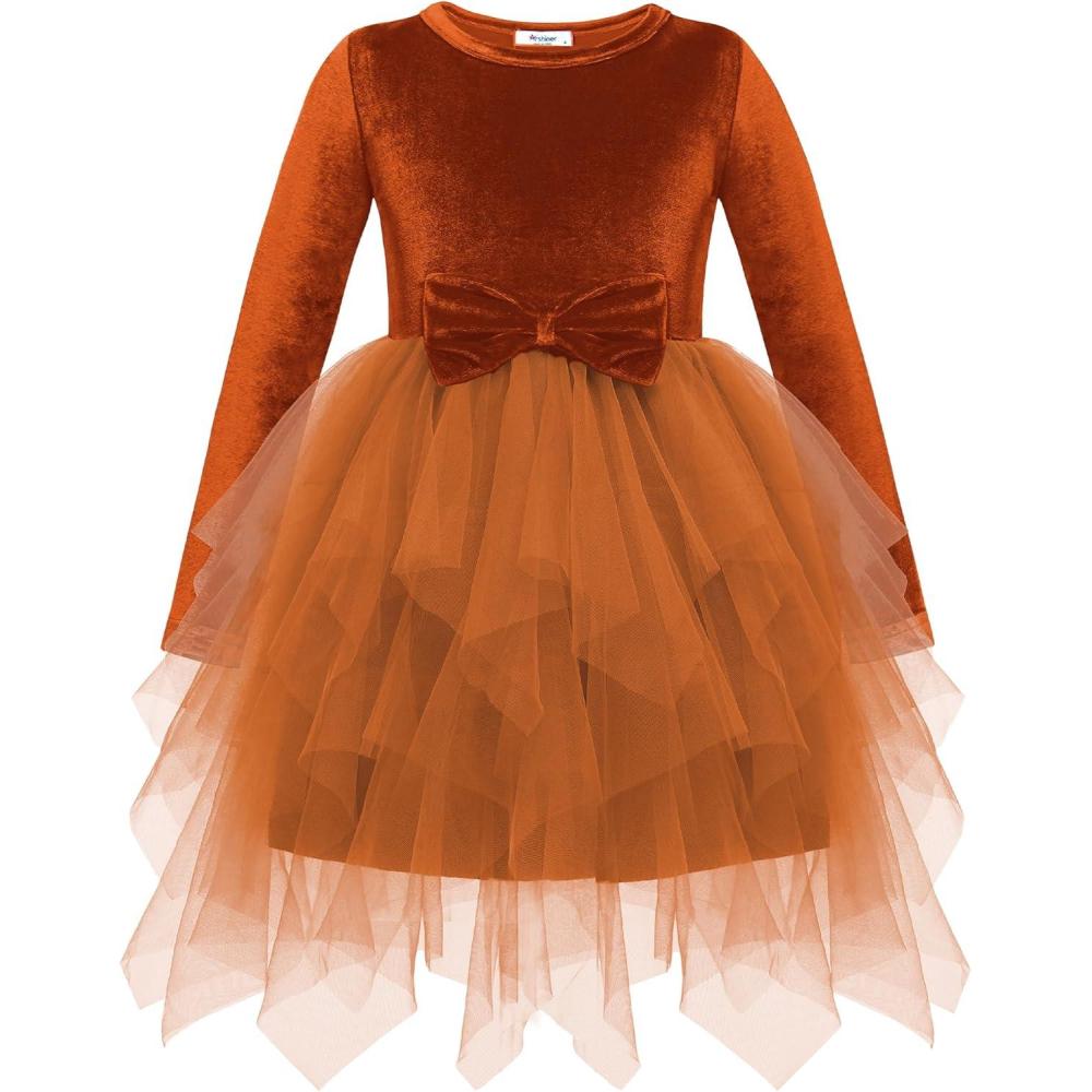 imageArshiner Toddler Girls Fall Winter Velvet Dress Irregular Hem Tulle Long Sleeve Dresses Cute Bowknot ClothesBrown